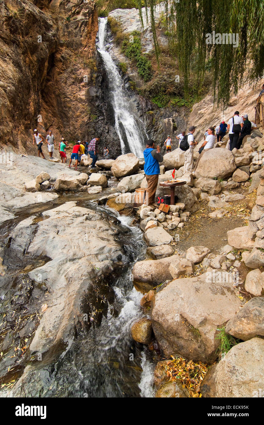 Vertical view of the waterfalls at Setti Fatma in the High Atlas Mountain range in Morocco. Stock Photo