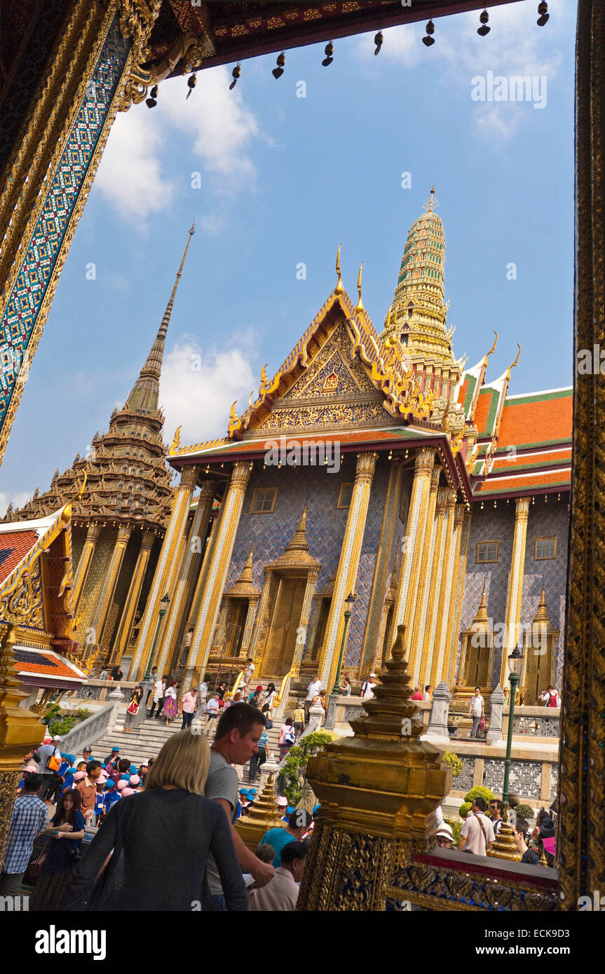Vertical view of The Royal Pantheon through a doorway at the Grand Palace in Bangkok. Stock Photo