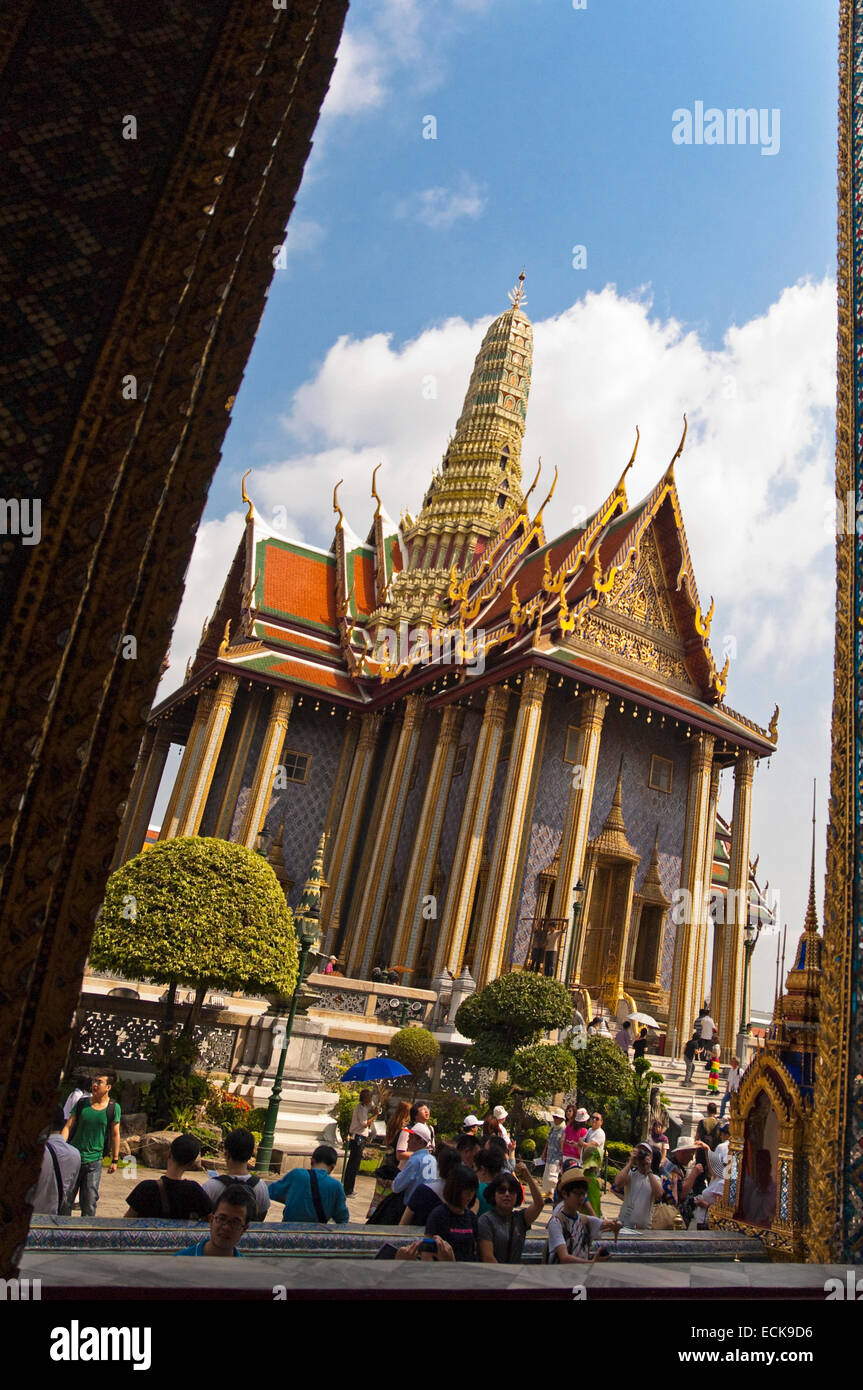 Vertical view of The Royal Pantheon through a doorway at the Grand Palace in Bangkok. Stock Photo