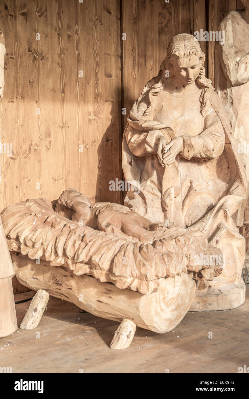 madonna and baby jesus (wooden crib, Bolzano, Italy) Stock Photo