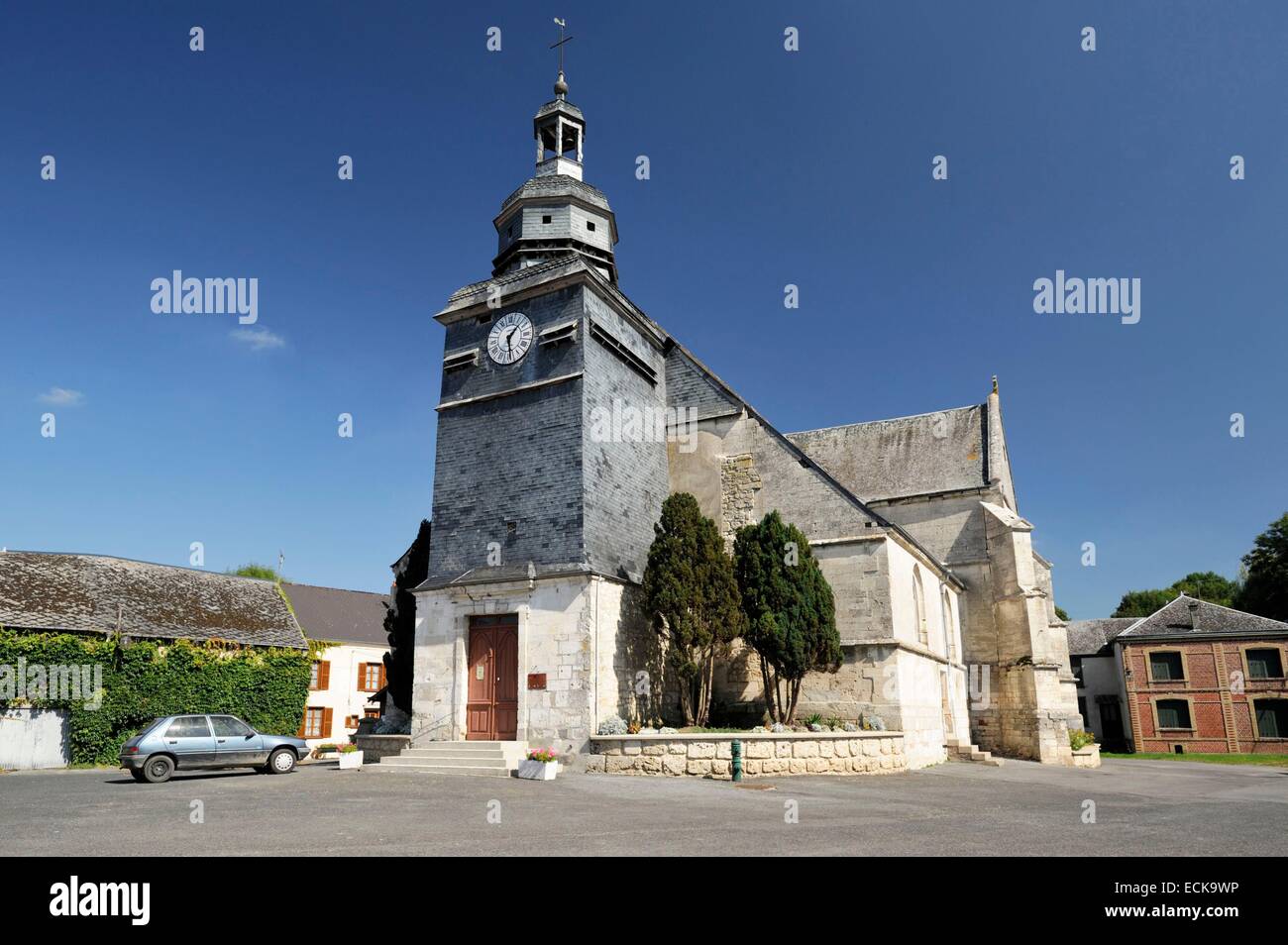 France, Ardennes, Wasigny, Saint Remi church and its square Stock Photo