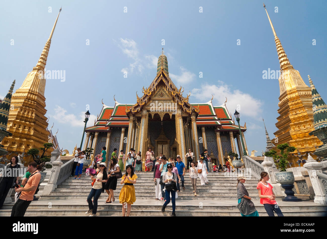 Horizontal view of people infront of the Royal Pantheon at the Grand Palace in Bangkok. Stock Photo