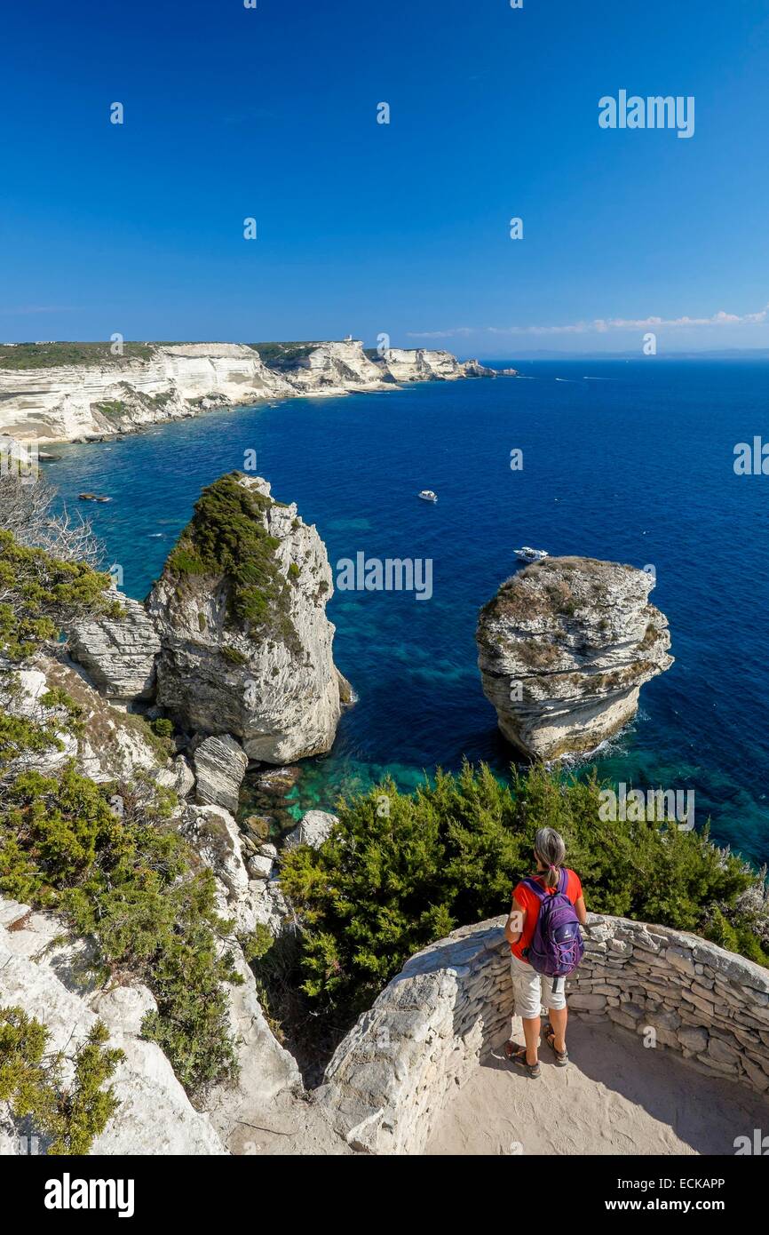 France, Corse-du-Sud, Bonifacio, Bonifacio Straits Nature Reserve, limestone cliffs and the Grain of sand Stock Photo