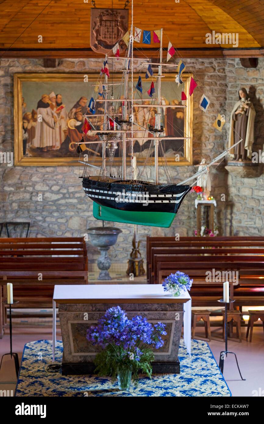 France, Morbihan, the Gulf of Morbihan, the Ponant islands, the island of Houat, the village, inside the Church of Saint Gildas with ex-voto Stock Photo