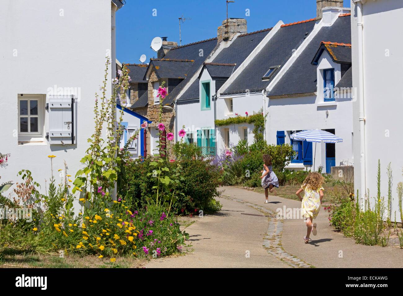 France, Morbihan, the Gulf of Morbihan, the Ponant islands, the island of Houat, the village Stock Photo