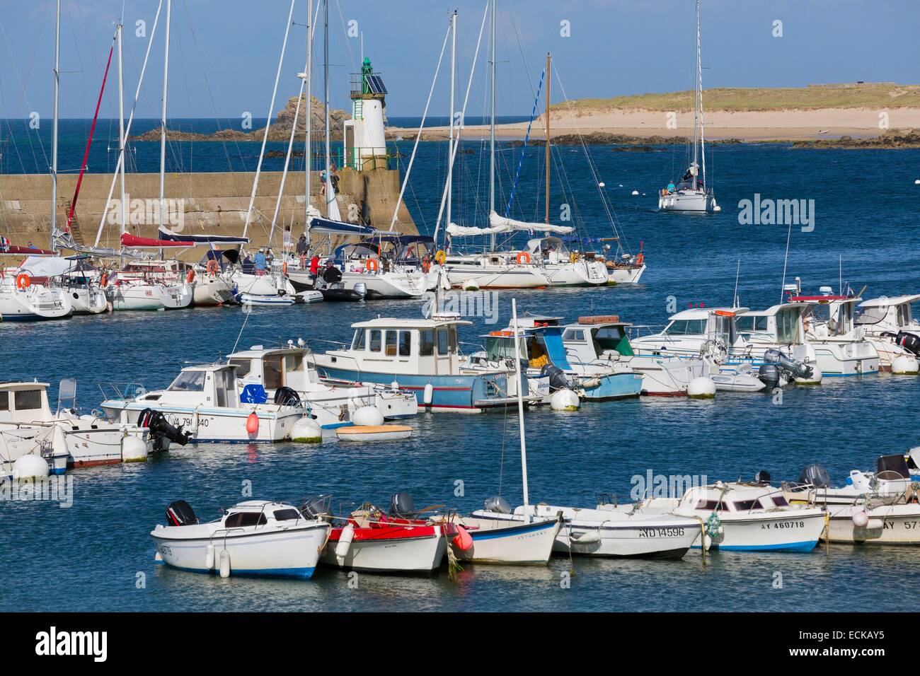 France, Morbihan, the Gulf of Morbihan, the Ponant islands, the island of Houat, the harbor, fishing boats and pleasure crafts Stock Photo