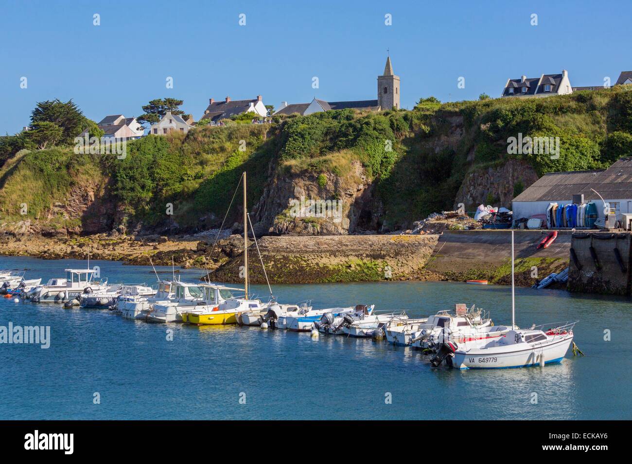 France, Morbihan, the Gulf of Morbihan, the Ponant islands, the island of Houat, the port and the village Stock Photo
