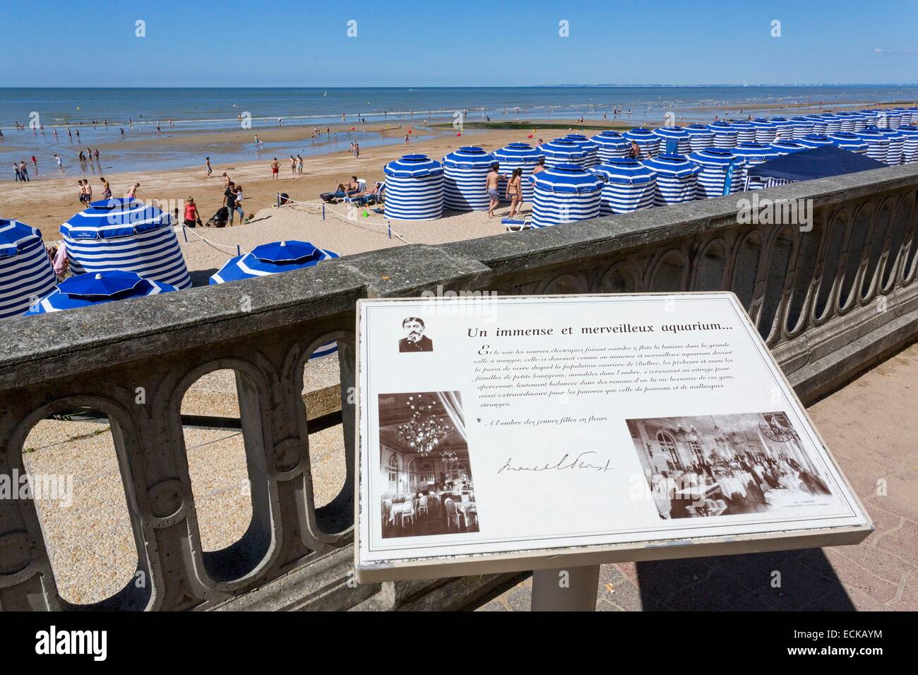 France, Calvados, Cabourg, the beach, board in memory of the famous french writer Marcel Proust Stock Photo