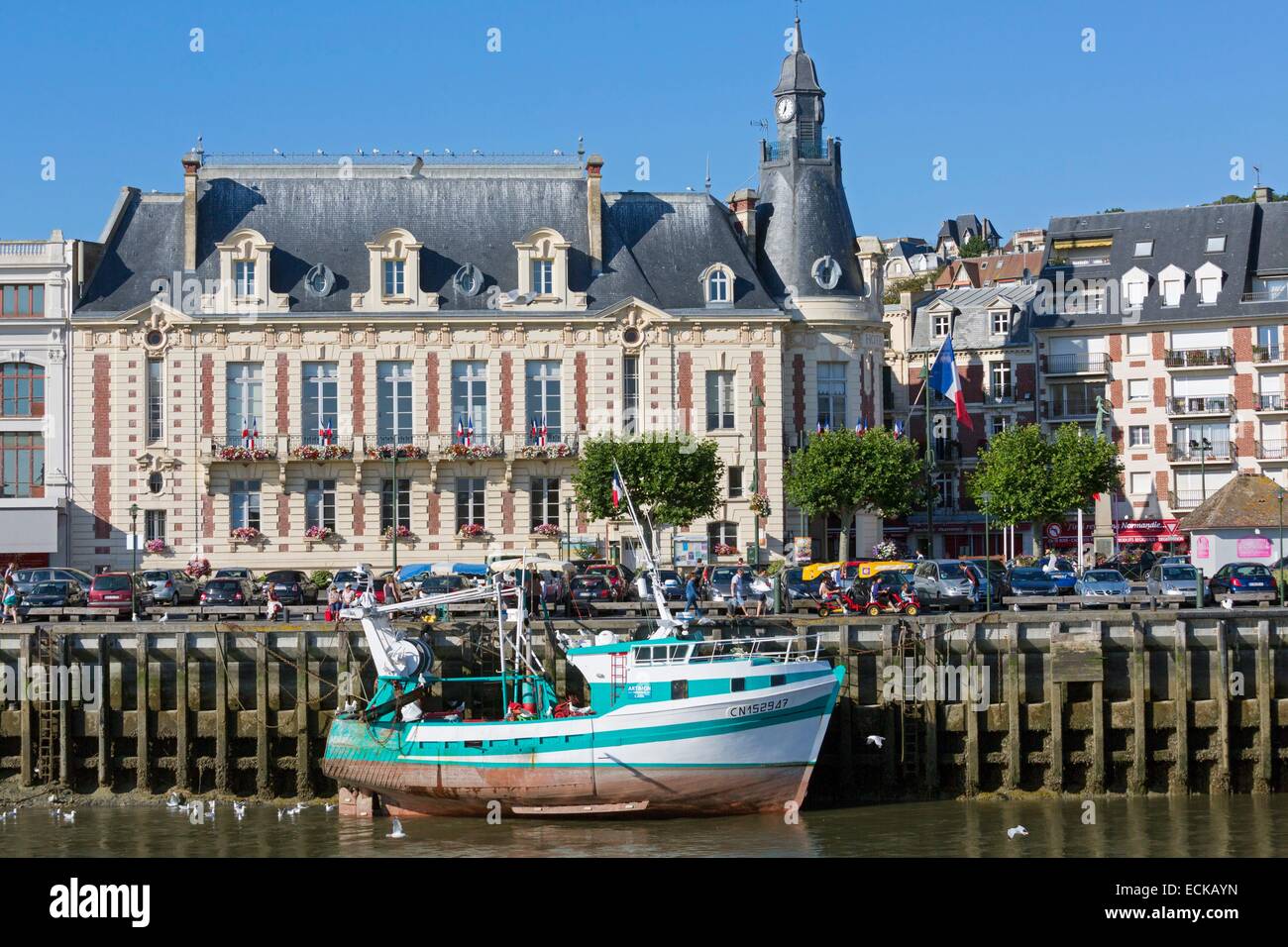 France, Calvados, Trouville sur Mer, the port and the town hall Stock ...