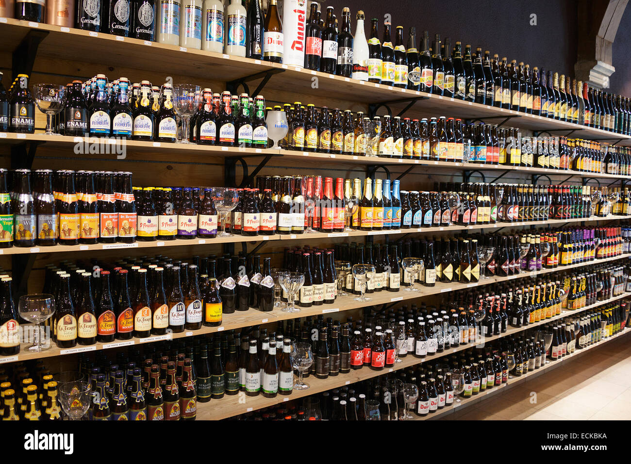 Interior beer shop with vast selection of beers Bruges Belgium Stock Photo