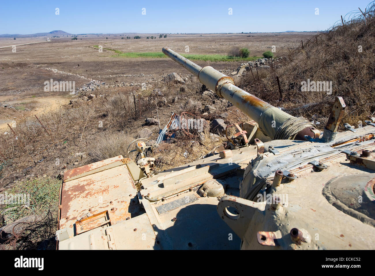 Old tank of the yom kippur war at 'tel e-saki' on the Golan Heights in Israel Stock Photo