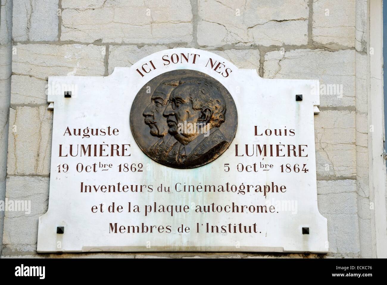 France, Doubs, Besancon, Place Victor Hugo, native house of Auguste and Louis Lumiere born in 1862 and 1864 Stock Photo