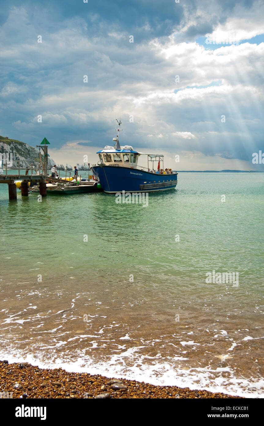 Vertical view of boats anchored in Alum Bay in the Isle of Wight. Stock Photo