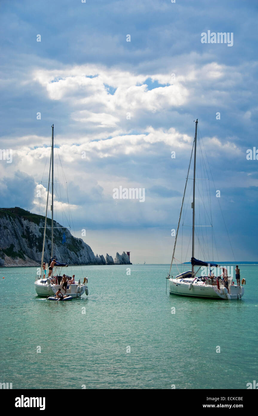 Vertical view of yachts anchored close to the Needles in the Isle of Wight. Stock Photo