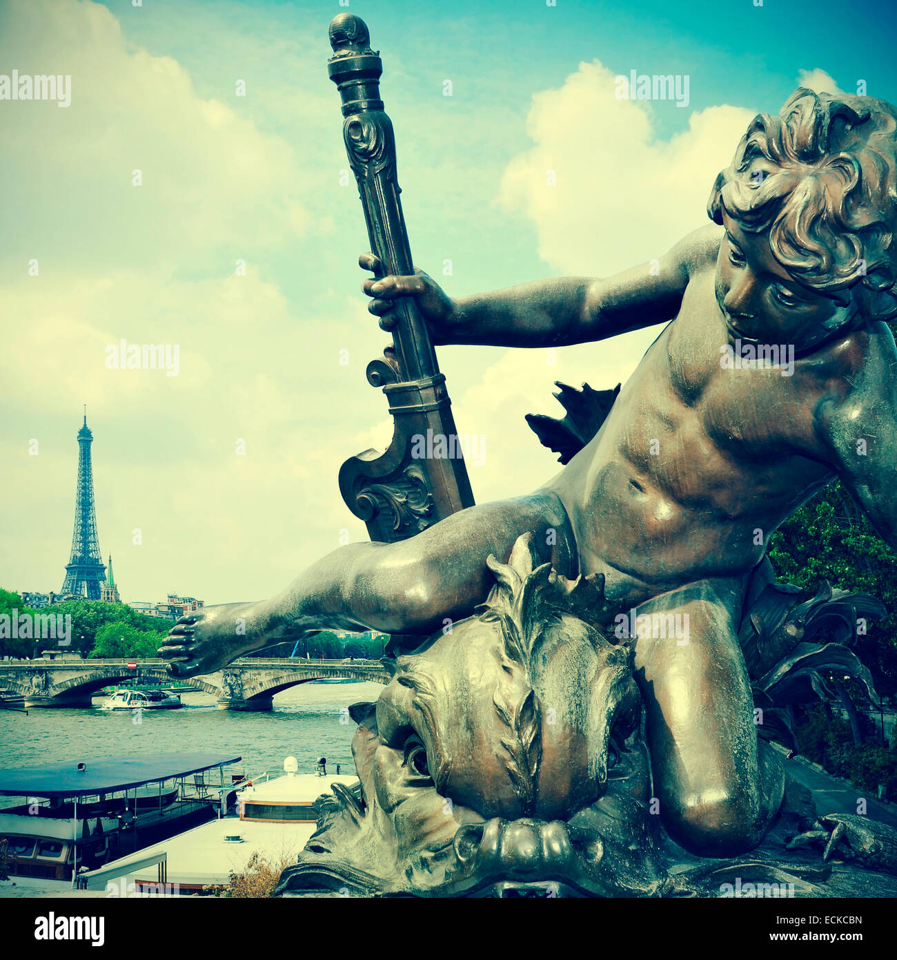 picture of Seine River and the Eiffel Tower in Paris, France, from Pont Alexandre III, with a retro effect Stock Photo
