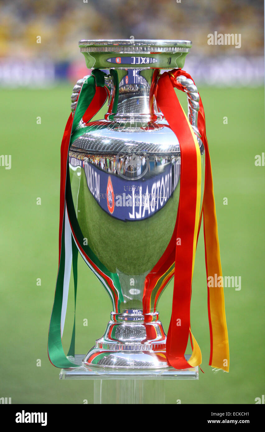 Football Trophy (EURO 2012 Cup) presents during final game between Spain and Italy Stock Photo