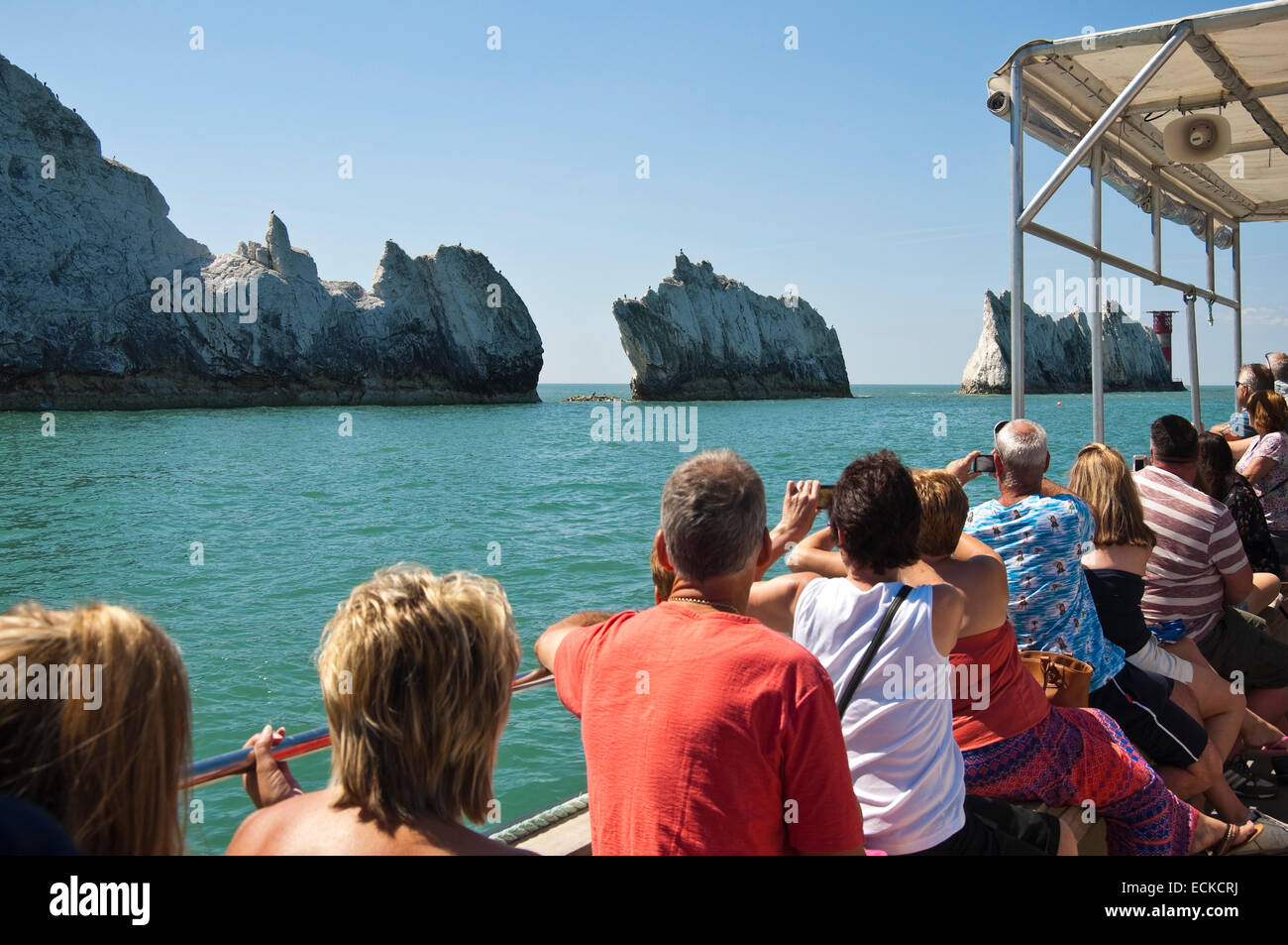 Horizontal view of people on a tour boat taking photographs of the Needles in the Isle of Wight. Stock Photo