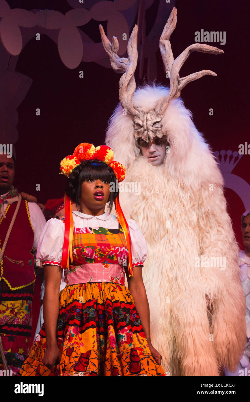 Helen Aluko as Belle and Vlach Ashton as Beast. Photocall for the Christmas panto 'Beauty & the Beast' at the Theatre Royal Stratford East. The pantomime runs from 29 November 2014 to 17 January 2015. With Helen Aluko as Belle and Vlach Ashton as Beast. Stock Photo