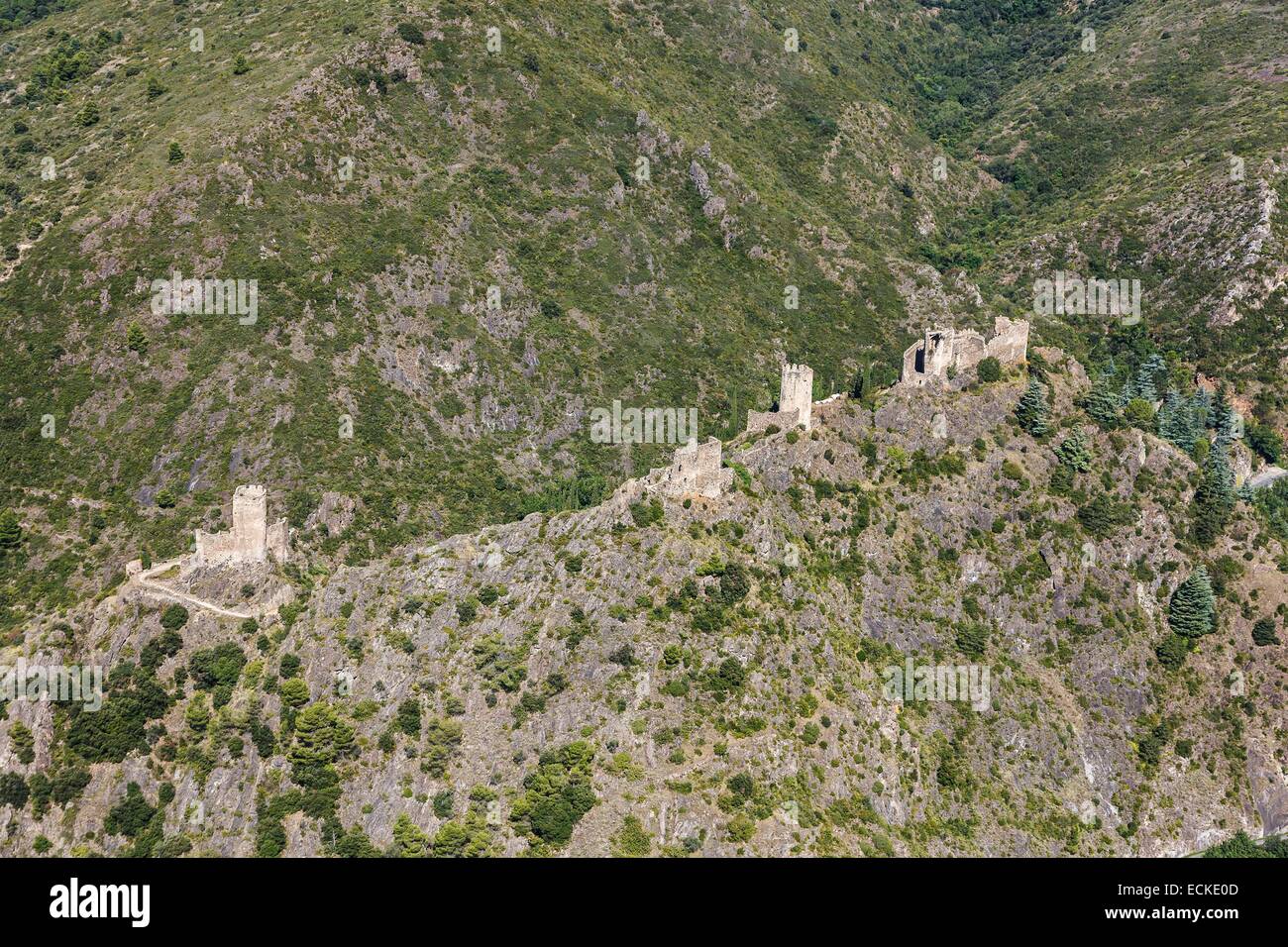 France Aude, Lastours, les Quatre Vieux castles (aerial view) Stock Photo