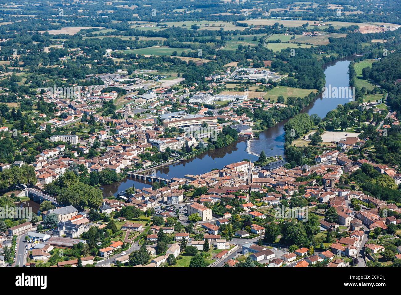 France, Charente, Confolens, the town on la Vienne river (aerial view) Stock Photo