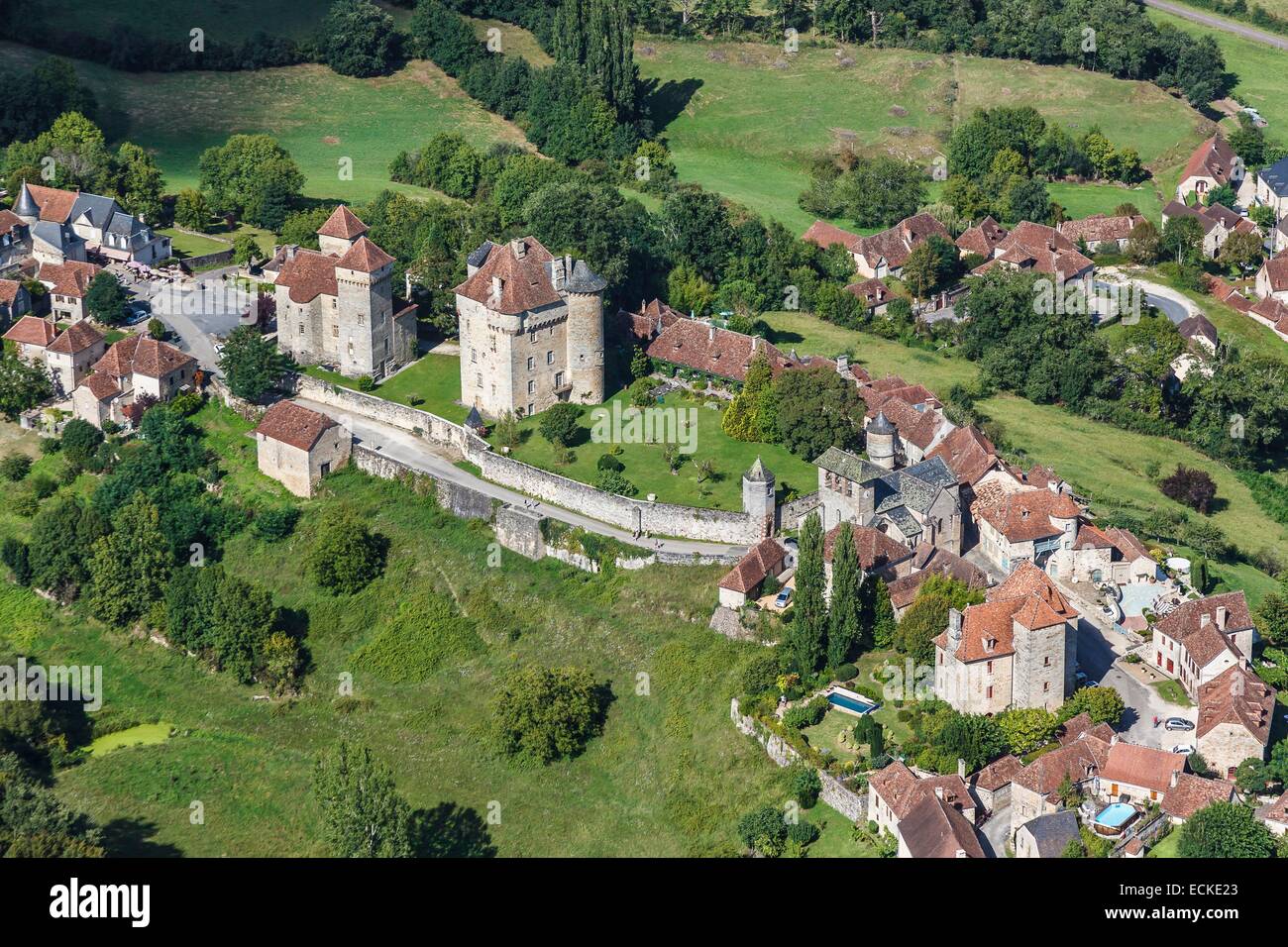 France, Correze, Curemonte, labelled Les Plus Beaux Villages de France (The Most Beautiful Villages of France), the castles and the church (aerial view) Stock Photo