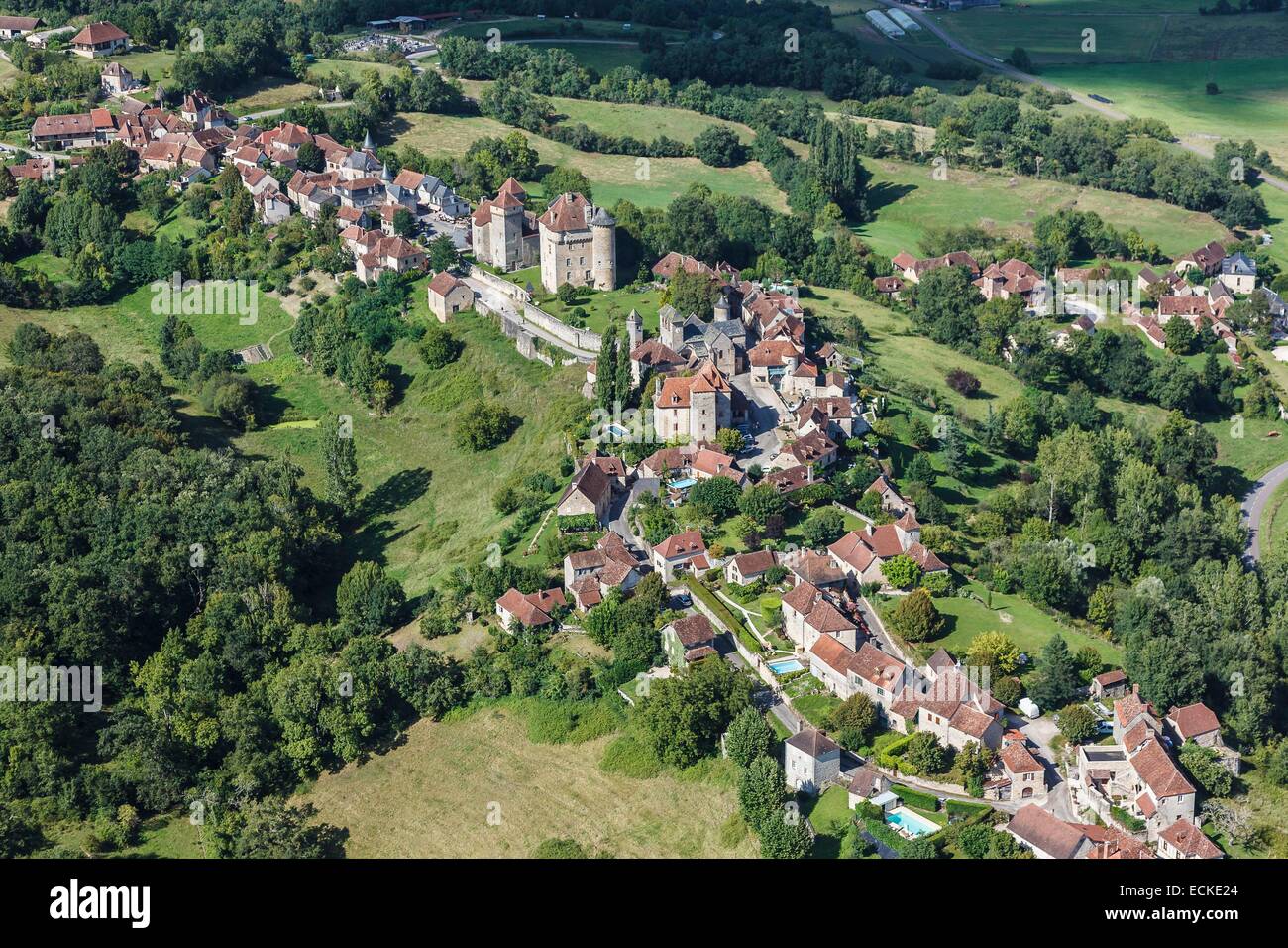 France, Correze, Curemonte, labelled Les Plus Beaux Villages de France (The Most Beautiful Villages of France), the village (aerial view) Stock Photo