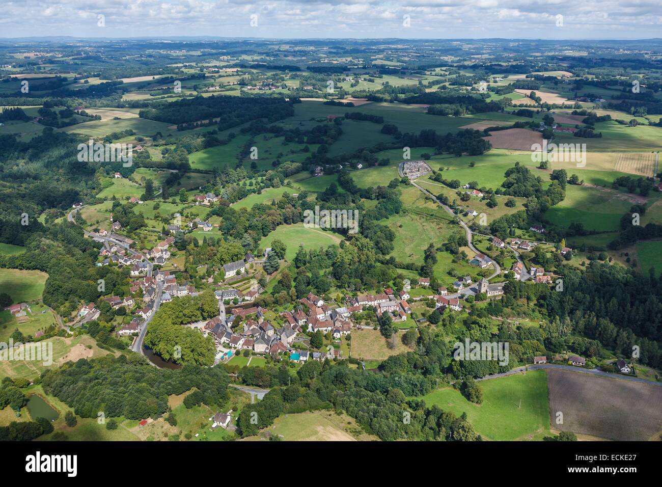 France, Correze, Segur le Chateau, labelled Les Plus Beaux Villages de France (The Most Beautiful Villages of France), the village (aerial view) Stock Photo