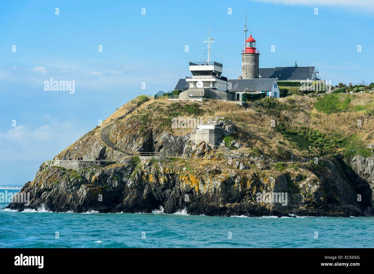 France, Manche, Cotentin, Granville, fortified town built on a rocky headland on the far eastern point of the Mont Saint Michel Bay, Granville lighthouse or Cap Lihoulighthouse at pointe du Roc Stock Photo