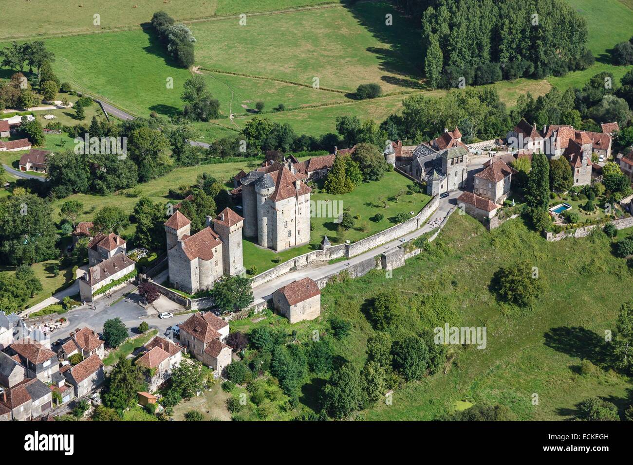 France, Correze, Curemonte, labelled Les Plus Beaux Villages de France (The Most Beautiful Villages of France), the castles and the church (aerial view) Stock Photo