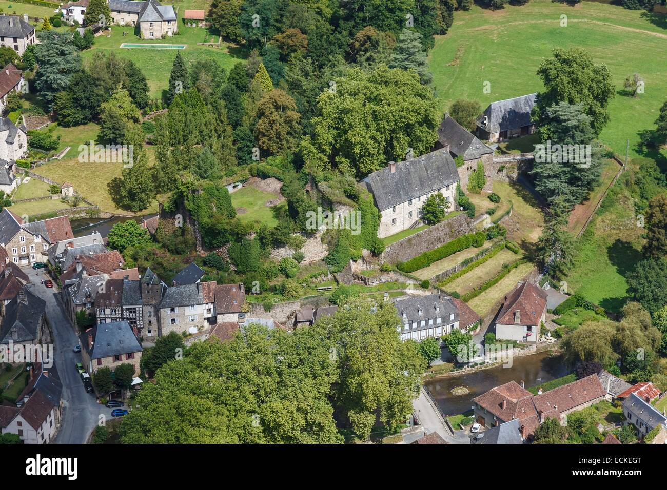France, Correze, Segur le Chateau, labelled Les Plus Beaux Villages de France (The Most Beautiful Villages of France), the castle (aerial view) Stock Photo
