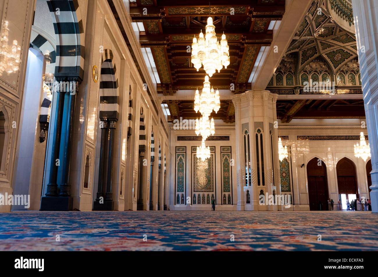 Oman, Interior view of prayer room in Sultan Qaboos Grand Mosque in