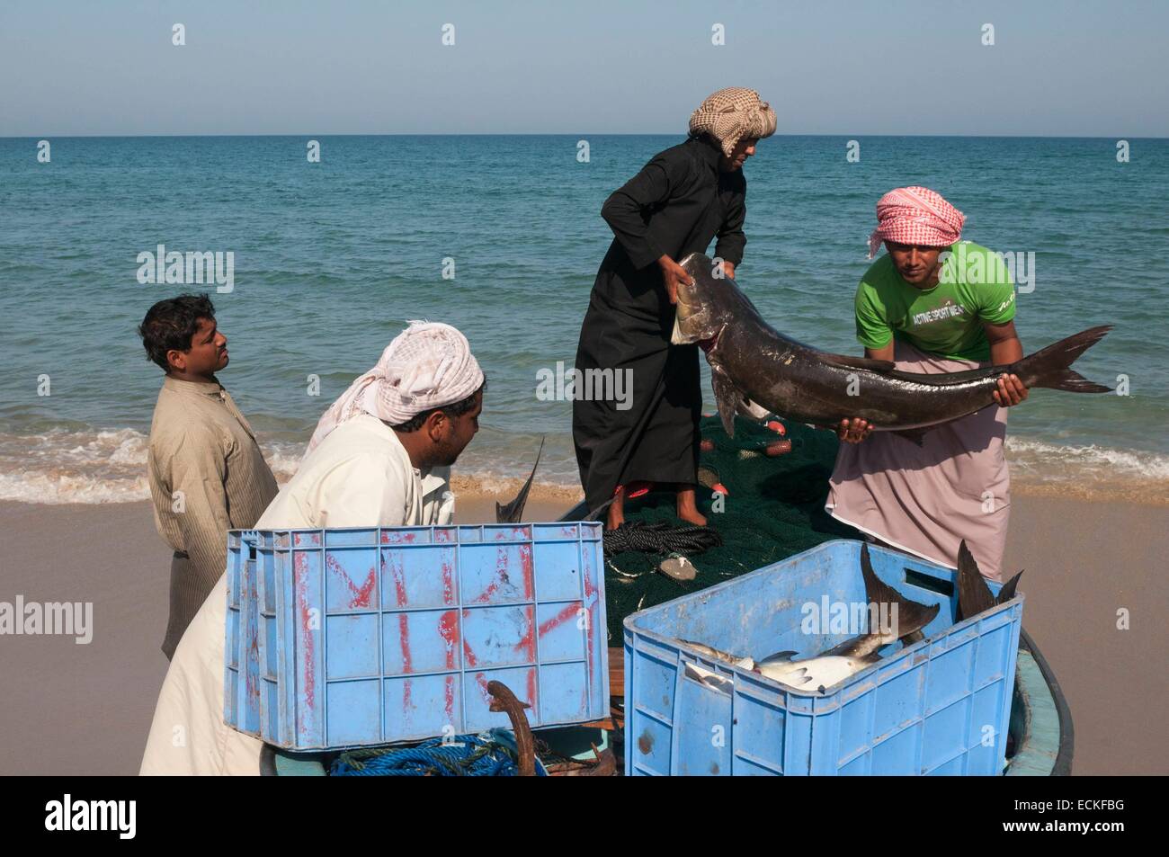 Oman, Ras Al Hadd, Fishermen Stock Photo