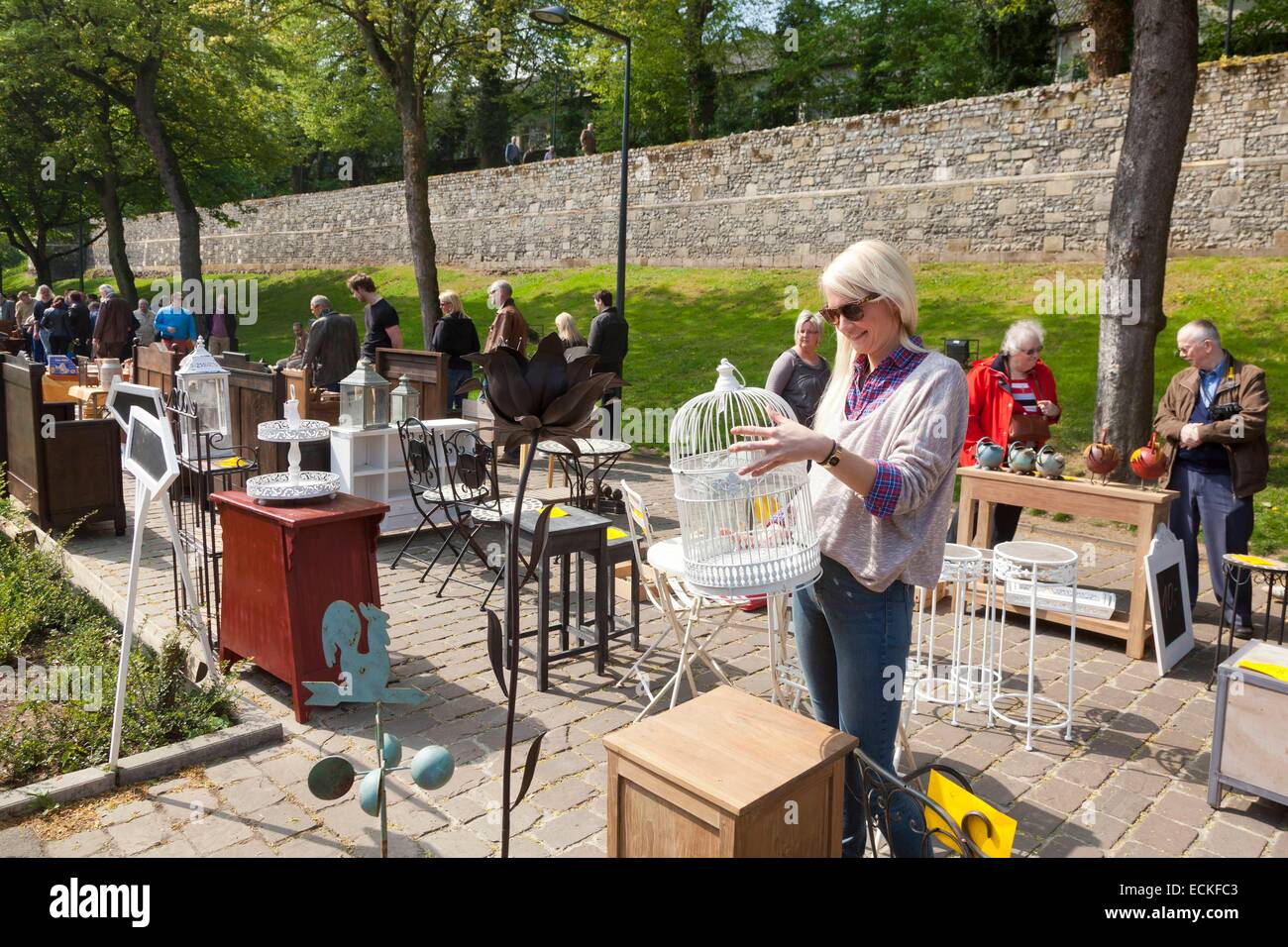 Belgium, Flanders, Limbourg Province, historic city of Tongeren (Tongres), antique flea market at the foot of the medieval ramparts, woman looking at a bird cage Stock Photo