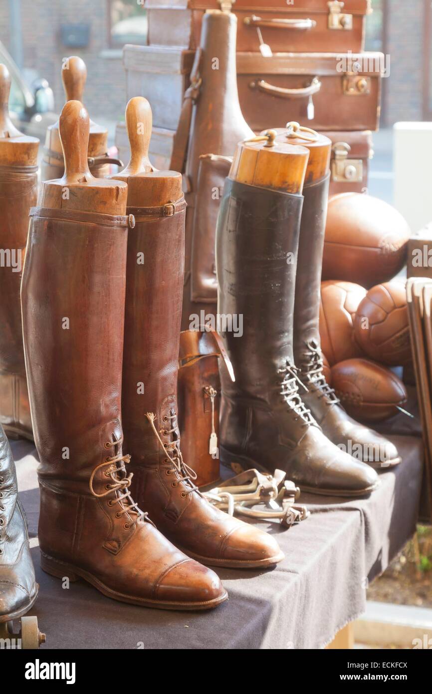 Belgium, Flanders, Limbourg Province, historic city of Tongeren (Tongres), antique flea market, leather boots Stock Photo