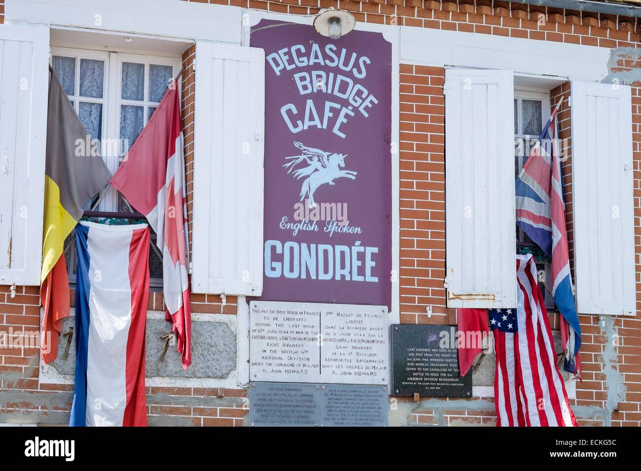 France, Calvados, Benouville, Cafe Gondree near Pegasus Bridge, the first French house released June 6, 1944 by a British commando Stock Photo