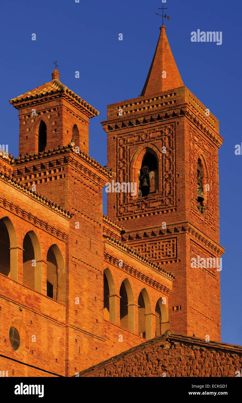 Spain, Aragon, Zaragoza, Torralba de Ribota, Saint Felix, listed as World Heritage by UNESCO, bell tower at sunrise Stock Photo
