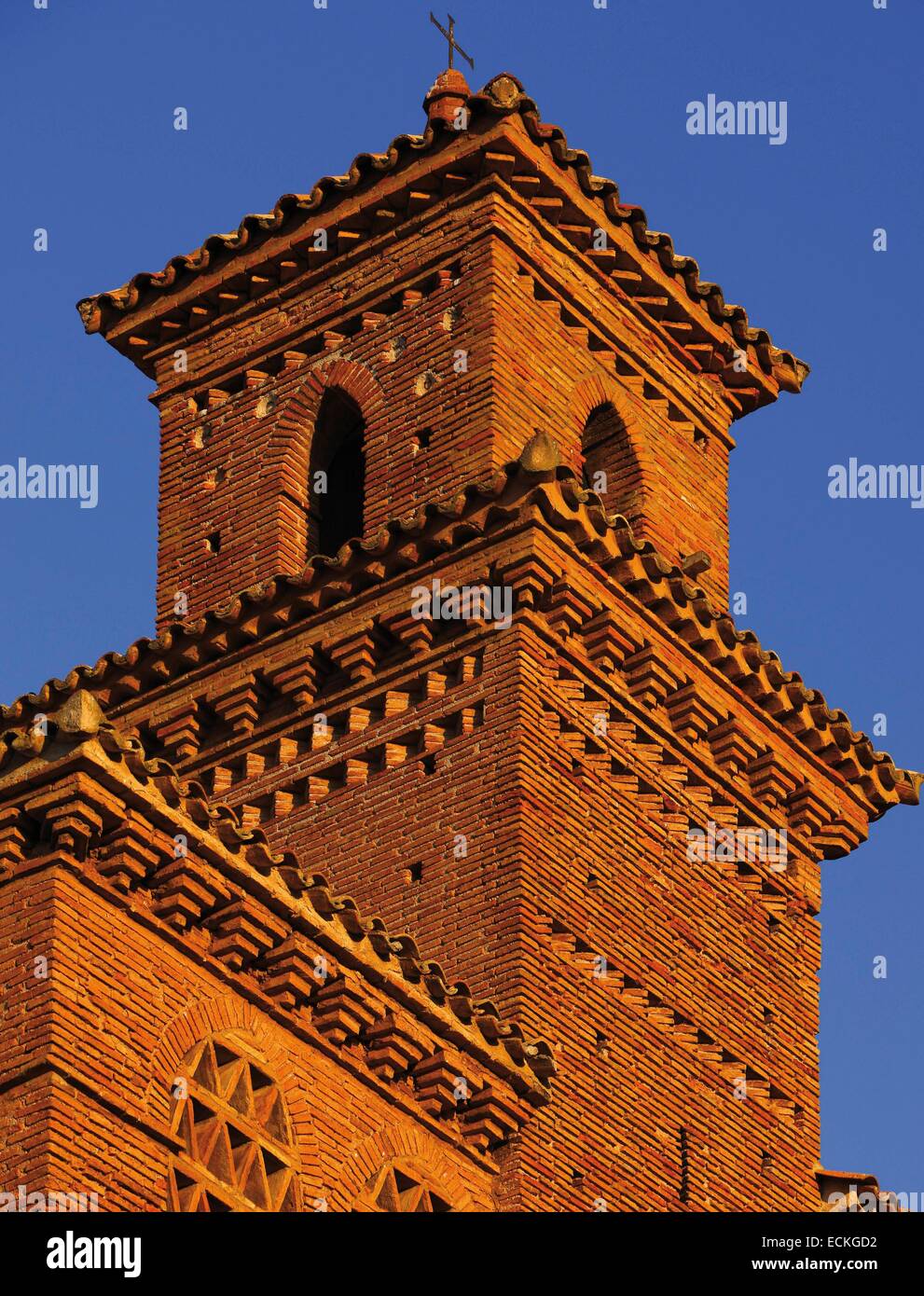 Spain, Aragon, Zaragoza, Torralba de Ribota, Saint Felix, listed as World Heritage by UNESCO, corner turret at sunrise Stock Photo