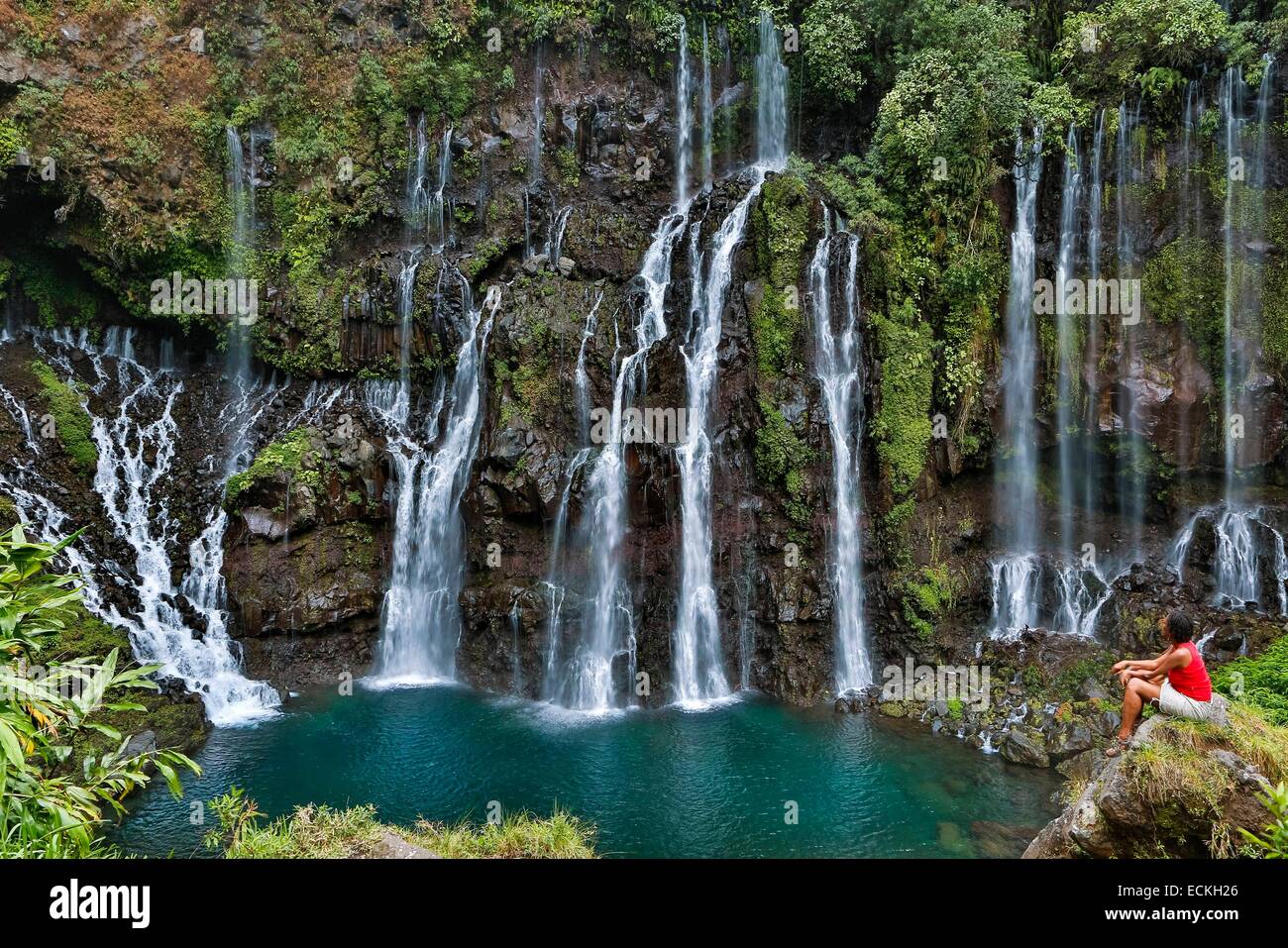 France, Reunion Island, Parc National de la Reunion (Reunion National Park) listed as World Heritage by UNESCO, Saint Joseph, Langevin river, scenic waterfalls flowing into a basin Stock Photo