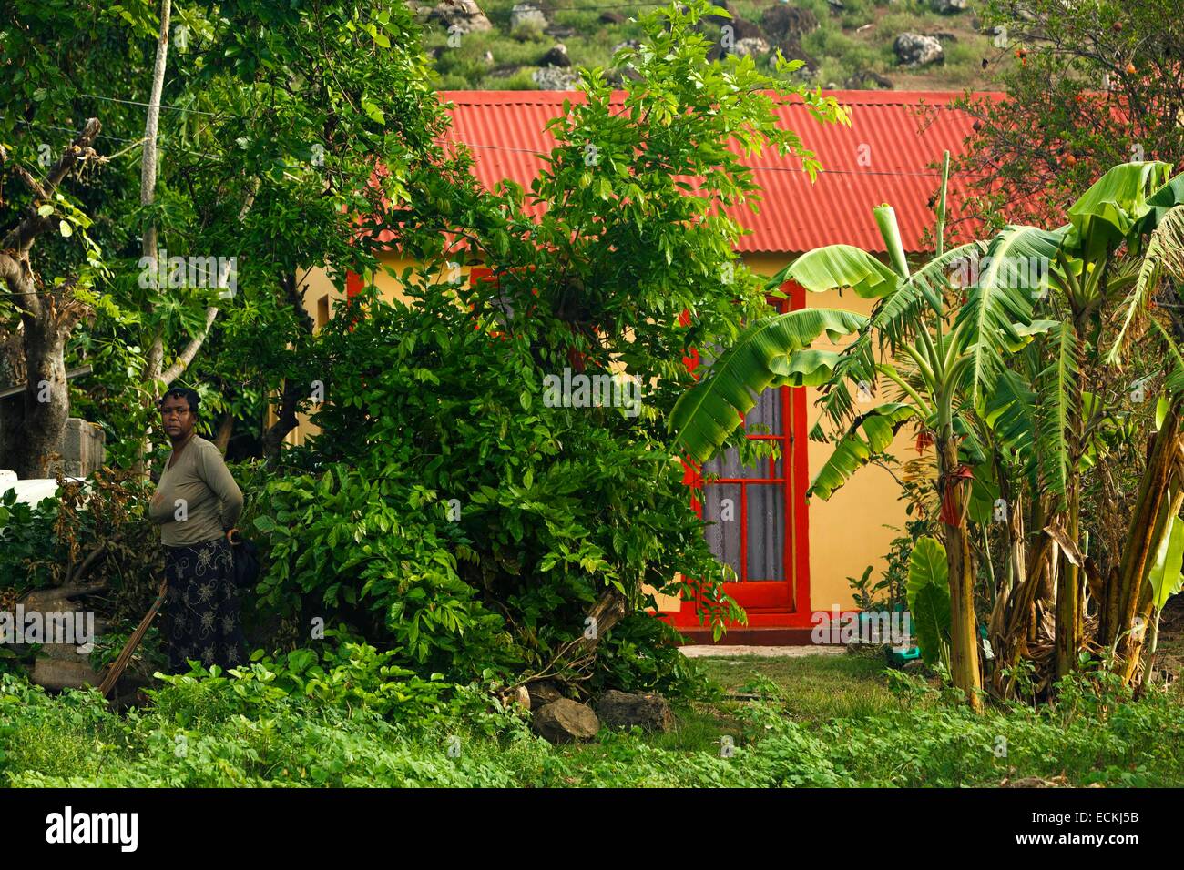 Mauritius, Rodrigues Island, Anse Baleine, Creole woman in her garden