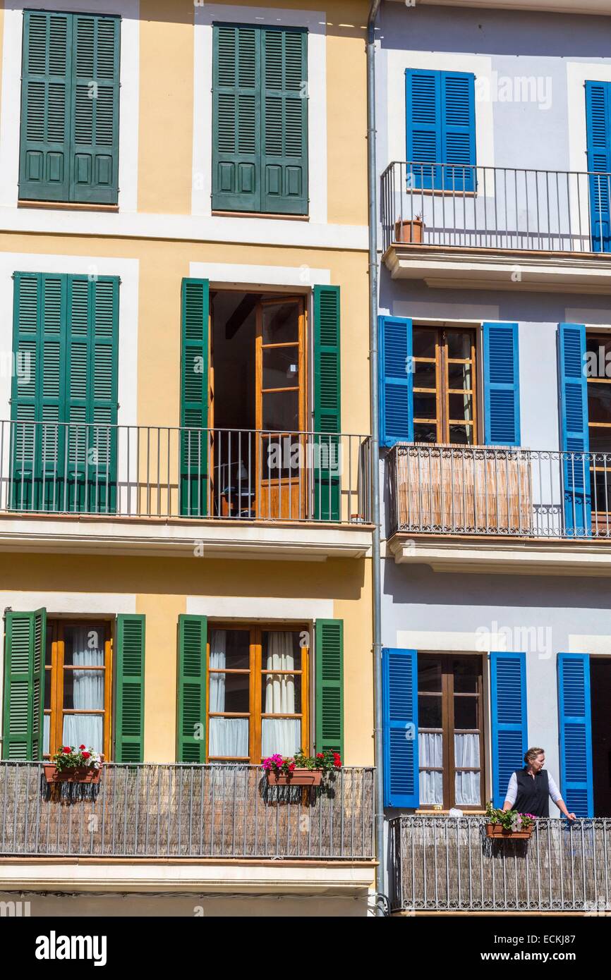 Spain, Balearic Islands, Majorca, Palma de Mallorca, Placa d'En Coll, facades of houses of the late 19th century Stock Photo