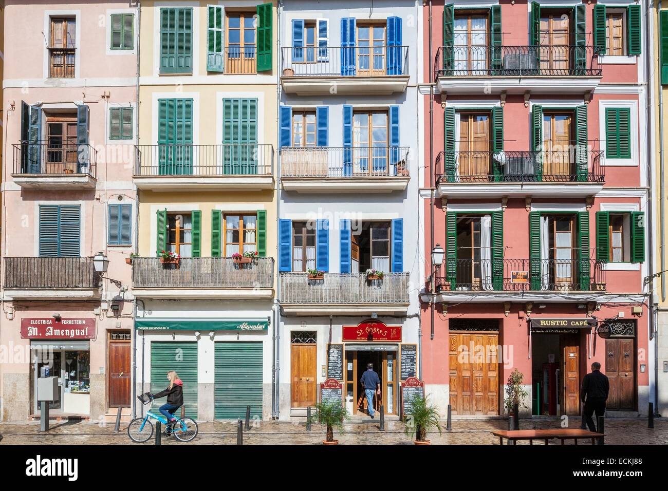 Spain, Balearic Islands, Majorca, Palma de Mallorca, Placa d'En Coll, facades of houses of the late 19th century Stock Photo