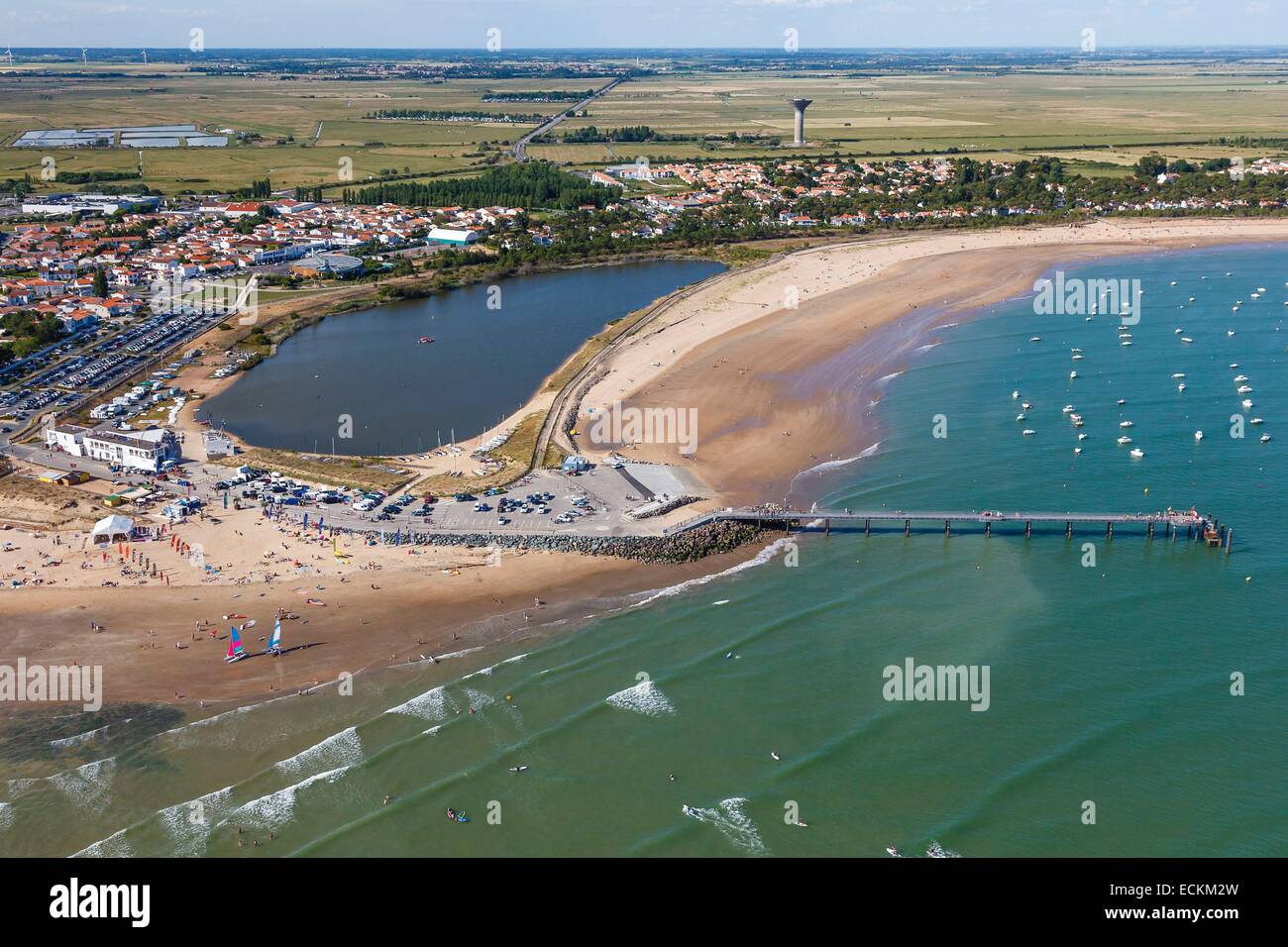 France, Vendee, La Tranche sur Mer, seaside resort lake and pier Stock