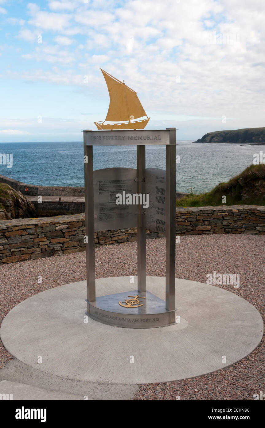 The stainless steel memorial at Port of Ness lists the local fishermen who lost their lives at sea. Stock Photo