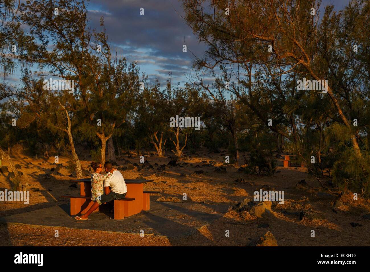 France, Reunion Island (French overseas department), Etang Sale, Etang Sale les Bains, Le Gouffre, Creole, couple in a wooded area Stock Photo