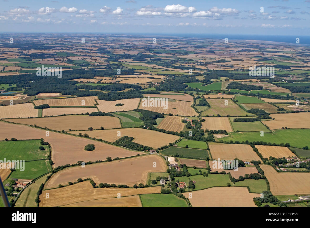Aerial of summer farmland over North Norfolk, UK Stock Photo