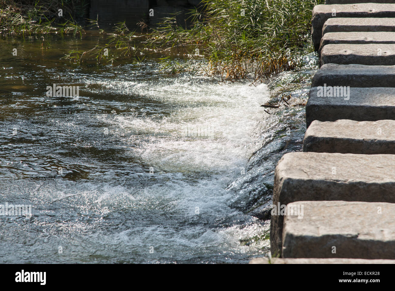 stepping stones cross over a stream in outdoor Stock Photo