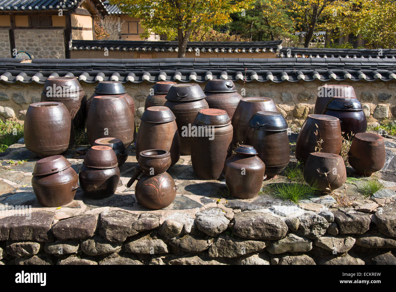 korean traditional crocks flatform at back yard Stock Photo