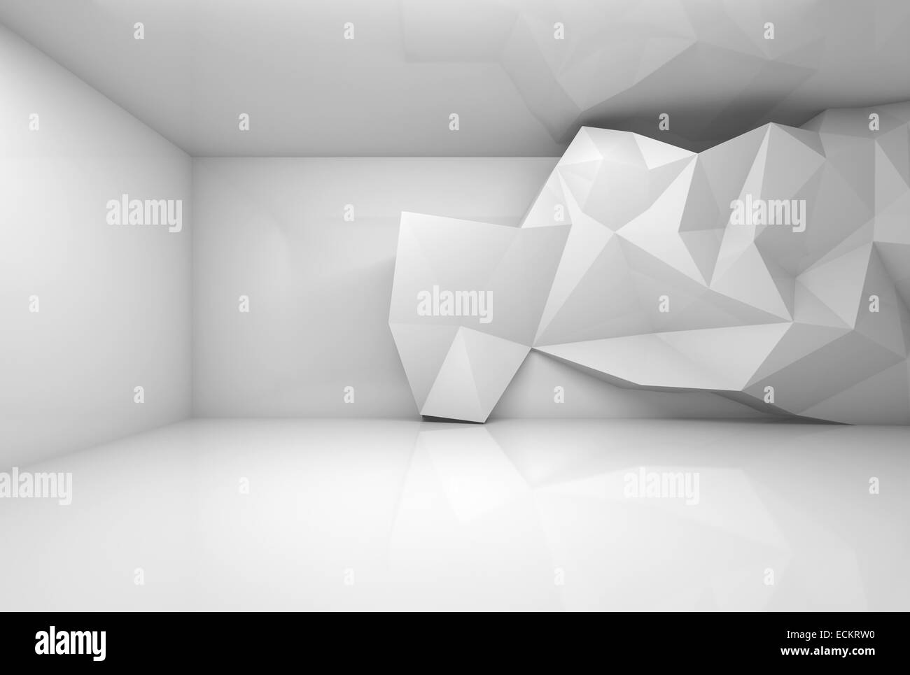 Abstract white 3d interior with polygonal relief pattern on front wall ...