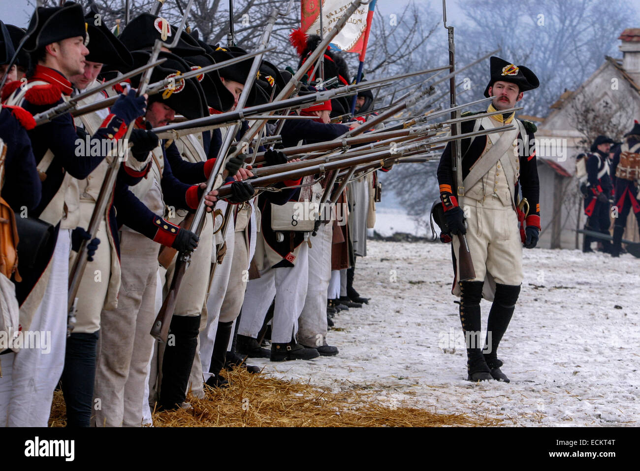 French soldiers  Reenactment of the Battle of Austerlitz (1805) Austerlitz battlefield Czech Republic Stock Photo