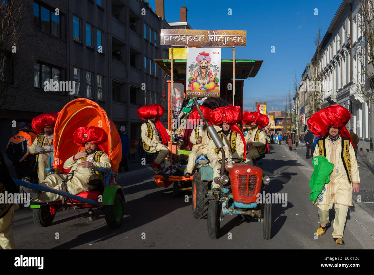 Hindu-themed carnival float with racist caricatures of Indian people at the traditionally offensive Aalst Carnival procession, Carnival Monday, Aalst, Belgium Stock Photo